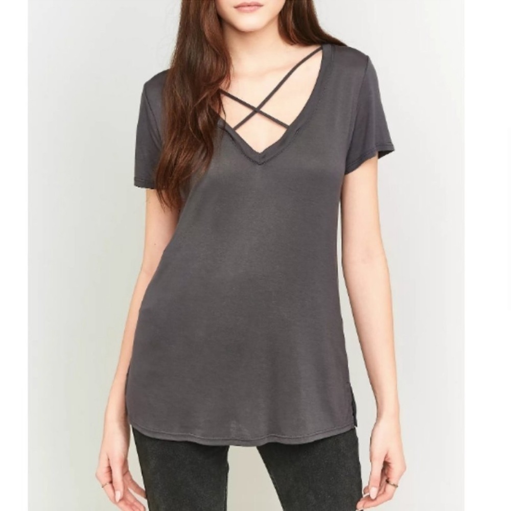 NEW Urban Outfitters Project Social T Strappy V-Neck Olive/Taupe Tee